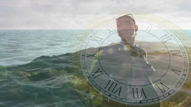 On start woman adjusting strap, turning toward sea under clock overlay tracking time for tech