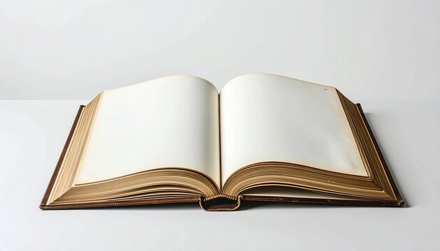 Open book with blank pages on a white surface.