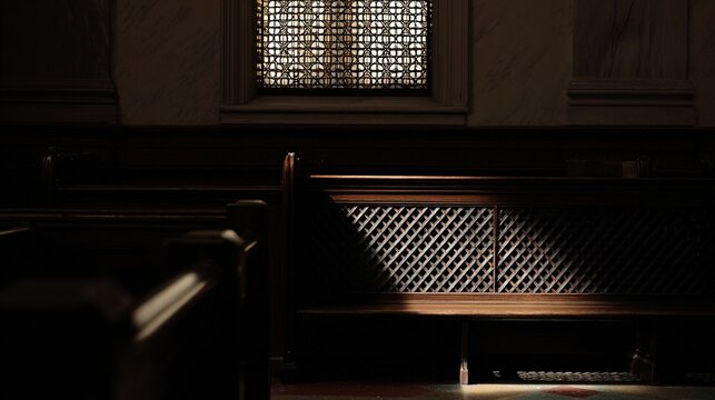 confessional. An empty church confessional with a slightly ajar curtain and a beam of light on the lattice. event programs, museum guides, designed for cultural heritage projects and event programs.