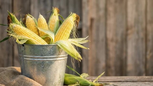 Farmer picking fresh yellow corn cobs in a metal rustic bucket. Harvested organic vegetables on wooden table. Autumn farm life concept. Rural food production for healthy eating and agriculture theme