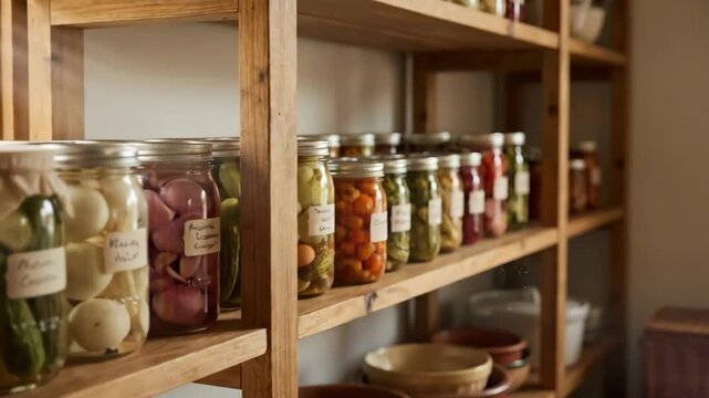 Farmer stocking wooden shelves with glass jars of preserved garden vegetables. Home pantry storage of pickled harvest produce in sealed