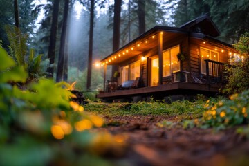 Fototapeta premium Cozy Cabin in a Secluded Forest During the Blue Hour with Warm Glowing Lights