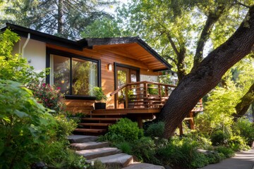 Obraz premium Large Split Level House Surrounded by Trees with Beautiful Green Landscaping