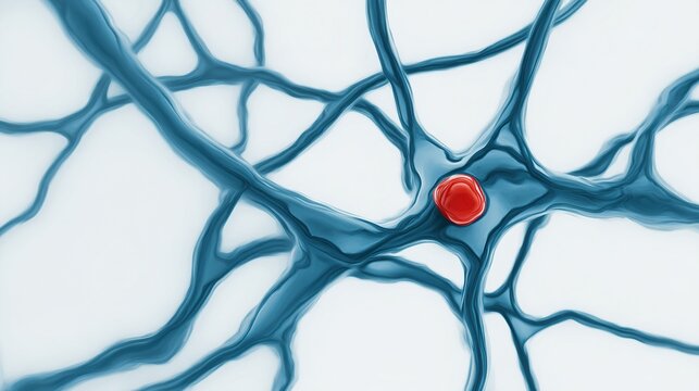 bulge. Abstract blue vascular networks with a single red bulging point, minimalist medical style. STEM education sheets, lab safety posters, designed for biotech research communications.