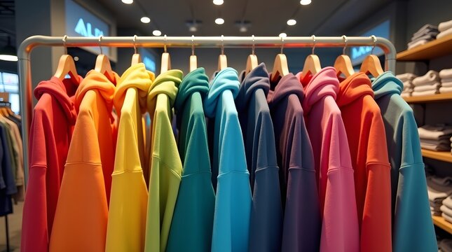 Colorful Array of Hoodies Displayed on Rack Inside Modern Retail Store