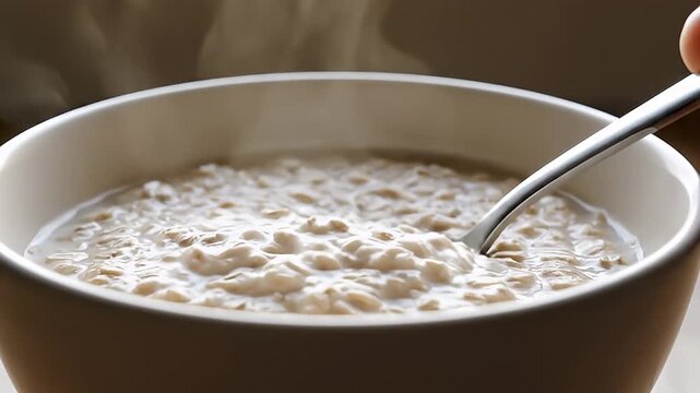 Close-up of steaming oatmeal porridge in a white bowl