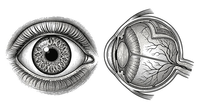 Anatomical illustration of the human eye, showing the external view and a cross-section revealing internal structures.