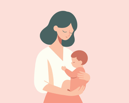 A mother holding her baby in her arms with a gentle and loving expression, vector illustration
