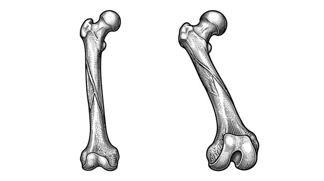 Anatomical illustration of the human femur bone, showcasing its structure from two different perspectives.