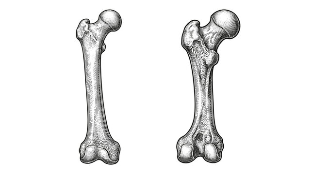 Anatomical illustration comparing a healthy femur bone with a femur bone affected by osteoporosis, showcasing bone density loss.