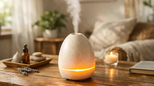 Aromatherapy diffuser with steam in cozy home interior relaxing wellness atmosphere with soft light