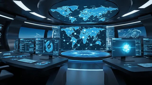 Futuristic control room interior displays data visualizations and graphics