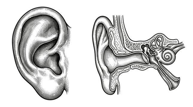 Anatomical illustration of the human ear, showing the external auricle and a cross-section of the internal auditory structures.