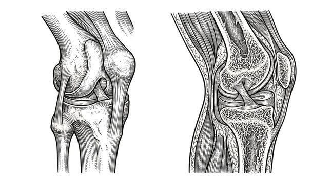 Anatomical illustration of the human knee joint, showcasing bones, ligaments, and cartilage in detailed cross-section.