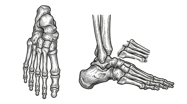 Anatomical illustration of the human foot bones from top and side views, showcasing tarsals, metatarsals, and phalanges.