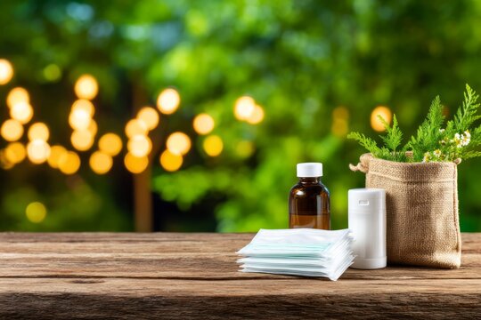 Neat Arrangement of Basic Medical Supply Kits on Rustic Wooden Table with Green Background