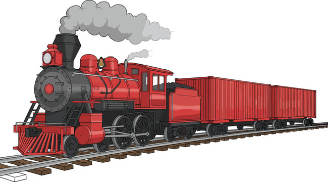Vintage red steam locomotive pulling freight containers on railway tracks