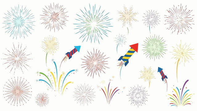 Colorful fireworks and rocket illustrations on white background for celebration