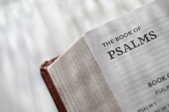 Close-up of open Bible and Book of Psalms