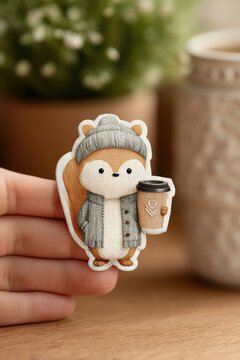 Cute cartoon acorn character in knit hat and cardigan holding coffee cup for a cozy autumn scene
