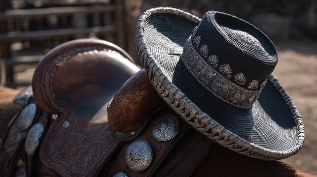 charro. An ornate Mexican charro hat resting on a leather saddle. event programs, museum guides, cultural reports, designed for cultural heritage projects and event programs, used by professors.