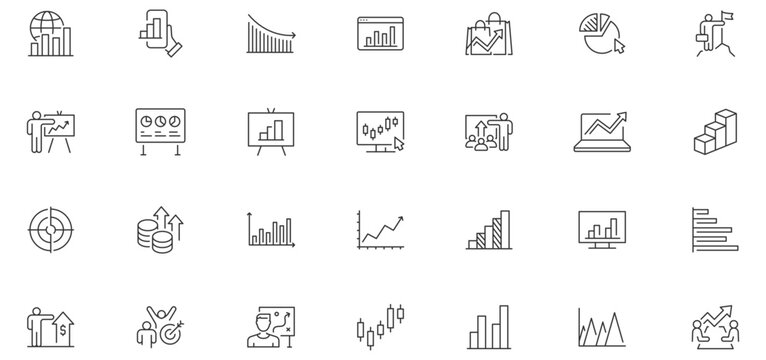 Graph and Charts web icons in line style. Graphics, infographic, statistics, data, diagrams, economy reduction, finance, arrow, business, increase, decrease. Editable stroke. Vector illustration.
