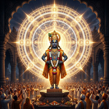 Divine Idol of Lord Vitthal with Radiant Golden Mandala Aura and Devotees in Temple