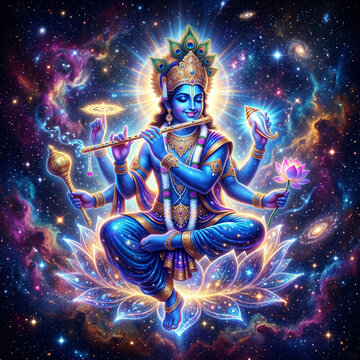 Lord Krishna as Four-Armed Divine Being in Deep Cosmic Universe with Lotus and Chakra