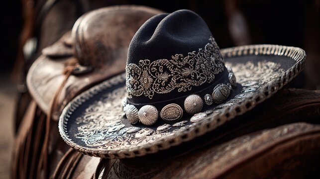 charro. An ornate Mexican charro hat resting on a leather saddle. event programs, museum guides, cultural reports, designed for cultural heritage projects and event programs, used by professors.