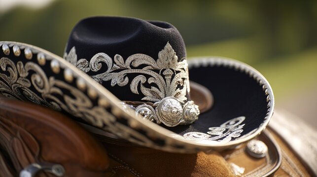 charro. An ornate Mexican charro hat resting on a leather saddle. event programs, museum guides, cultural reports, designed for cultural heritage projects and event programs, used by professors.