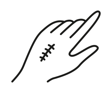 Hand line icon with stitched wound. Line art illustration of surgical suture on skin. Medical symbol for injury, trauma, surgery recovery, and healthcare treatment. Vector graphic illustartion
