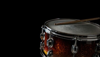 Fototapeta premium Close-up of a snare drum with a drumstick on top.