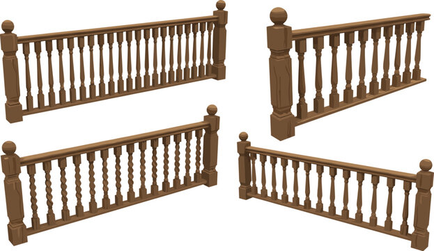 Wooden staircase railing set with balusters and handrails, architectural interior elements isolated vector illustration for home, construction and design