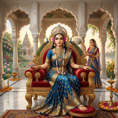Fototapeta premium Goddess Lakshmi sitting on a golden throne in a palace