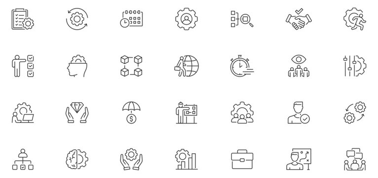 Operations management web icons in line style. Logistics, business process, maintenance, supply chain, improvement, planning, collection. Editable stroke. Vector illustration.