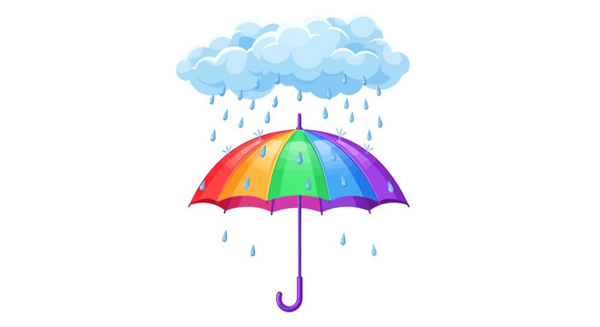 Rainbow umbrella with raindrops and clouds on a white background