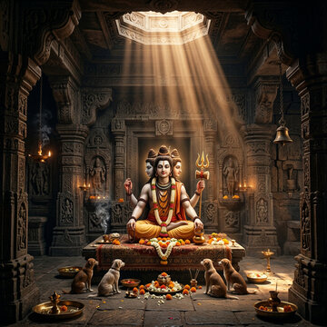 Lord Dattatreya meditating in an ancient stone temple with dogs at his feet