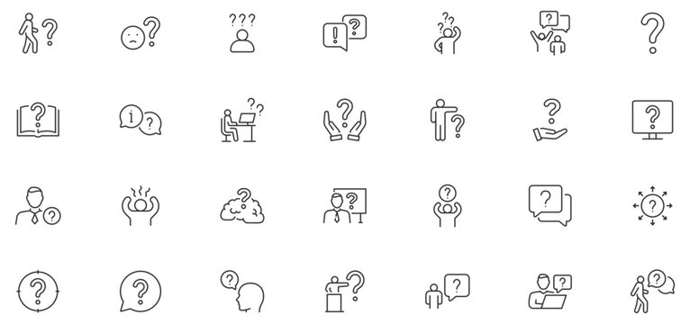 Question web icons in line style. Question mark, insecure person, confused, quiz question, collection. Editable stroke. Vector illustration.