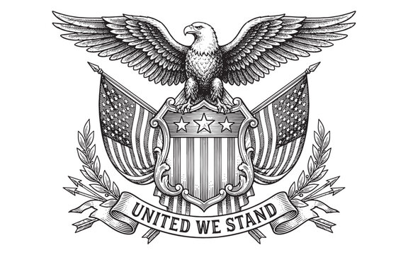 Patriotic American Eagle with Shield Flags and United We Stand Banner