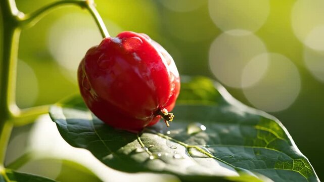 Pitanga fruit on green leaf with water drops, ripe red Surinam cherry in sunny garden, tropical Brazilian cherry macro with bokeh background