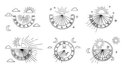 Sundial Sun Element Vector with Rays and Weather Icons © ema