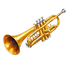 Naklejka premium A watercolor illustration of trumpet instrument featuring golden brass trumpet, detailed valves, curved tubing, and shiny metallic finish isolated on white background.
