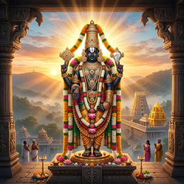Majestic Lord Venkateswara statue inside a temple with sunrise background and mountain landscape
