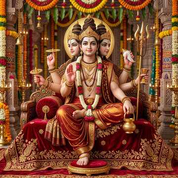 Lord Dattatreya with three heads and four hands seated on an ornate throne in a temple setting