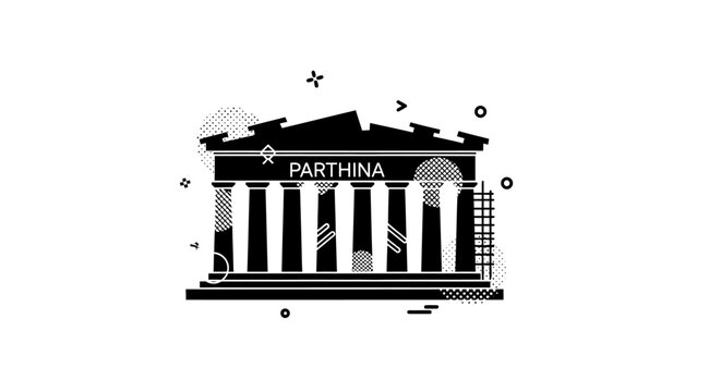 Black and white Parthina building illustration.