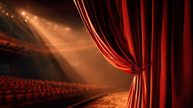 partially. Deep red theater curtain partially open, revealing golden interior. event programs, museum guides, designed for cultural heritage projects and event programs, supports education.