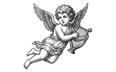 Fototapeta premium Detailed Engraving of a Winged Cherub Angel Playing a Musical Harp
