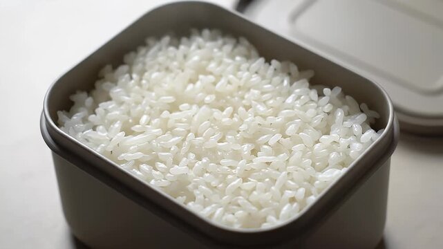 Cooked white rice in a dark container close up