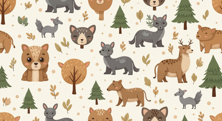 Cute cartoon animal set featuring seamless patterns with cats and wild zoo creatures like lions and bears in a colorful vector illustration collection for baby farm pets © Rizky