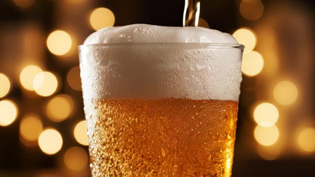 Beer being poured into glass with foam for commercial backgrounds, digital design, and advertising